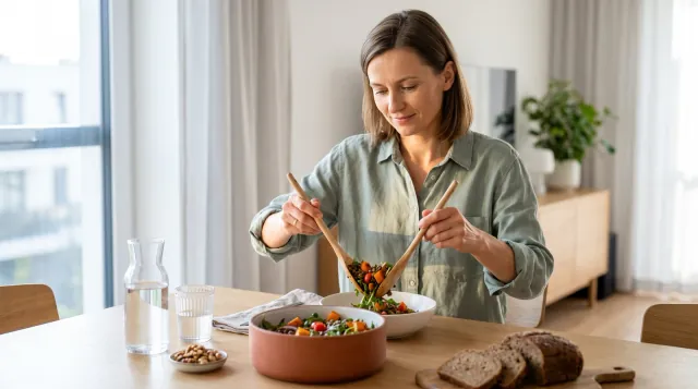 Kobieta nakłada do miski sałatkę z soczewicą i warzywami przy oknie: wysoki cholesterol, co jeść