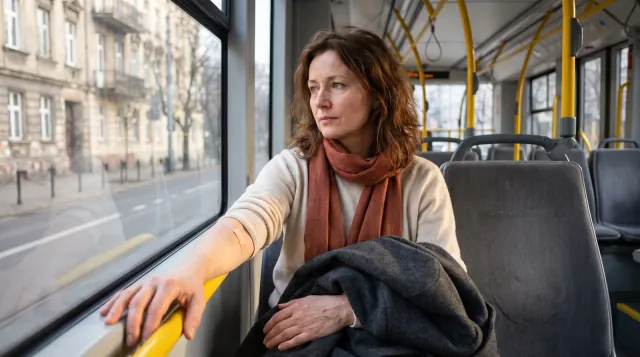 Kobieta w tramwaju po pobraniu krwi, z plastrem w zgięciu łokcia - Hashimoto a wysoki cholesterol