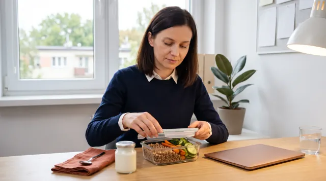 Kobieta w przerwie obiadowej przy biurku otwiera lunchbox z kaszą, obok słoik kefiru - czy kefir jest dobry na jelita