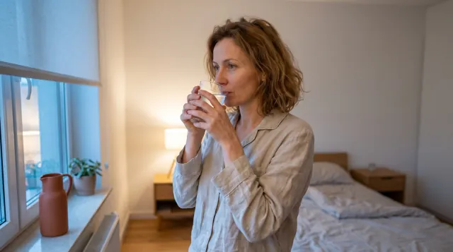 Kobieta o świcie stoi przy oknie sypialni i pije szklankę ciepłej wody - kefir na zaparcia i spokojny poranek