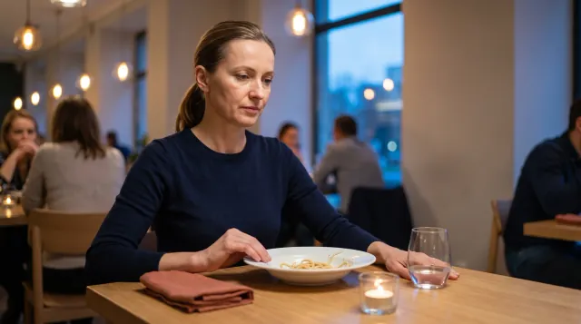 Kobieta po kolacji w restauracji odsuwa talerz i siedzi wyprostowana, dłonie na stole - wzdęcia po jedzeniu, przyczyny