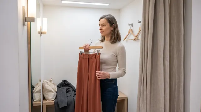 Kobieta w przymierzalni trzyma spodnie na wieszaku i patrzy w lustro - insulinooporność a menopauza