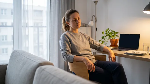 Mujer recostada en la silla del escritorio de casa en el salón después de comer, con los párpados pesados - somnolencia después de comer