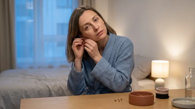 Mujer en albornoz quitándose los pendientes por la noche frente al tocador del dormitorio - problemas de sueño antes de la regla