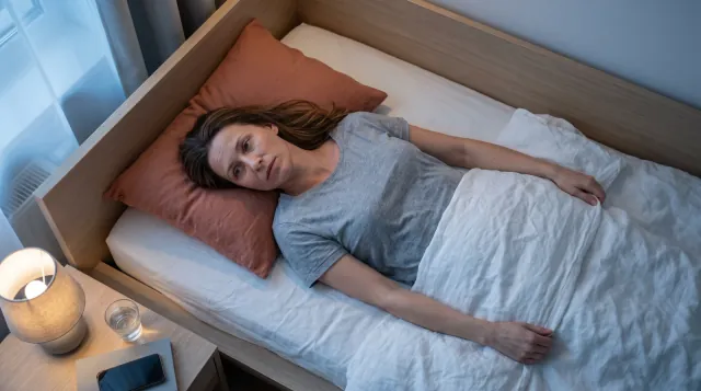 Kobieta leży nocą na plecach w łóżku z otwartymi oczami, dłonie na kołdrze - nie mogę zasnąć mimo zmęczenia