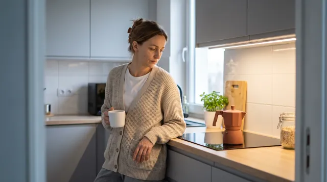 Zmęczona kobieta rano opiera się o blat w kuchni i czeka na kawiarkę - zmęczenie mimo 8 godzin snu
