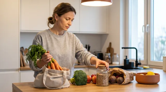 Una mujer en la cocina saca sobre la encimera verduras y cereales en un tarro de cristal - dieta para el Hashimoto