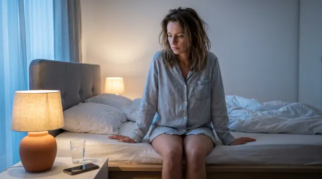 Una mujer no puede dormir por la noche y está sentada en el borde de la cama junto a la lámpara - estrés y Hashimoto