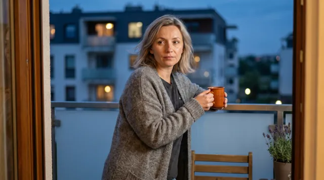 Mujer pensativa con una taza de té en el balcón de su bloque de pisos al anochecer, triglicéridos altos e infarto