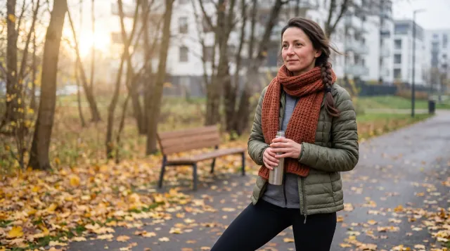 Mujer con las mejillas sonrosadas descansa en un paseo de un parque otoñal después de caminar a paso rápido, HDL bajo