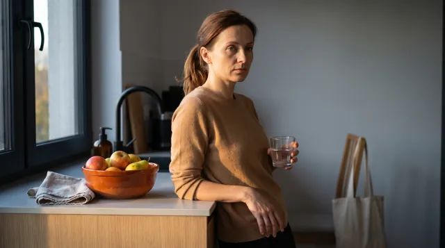 Una mujer cansada después del trabajo en la cocina con un vaso de agua - triglicéridos y metabolismo