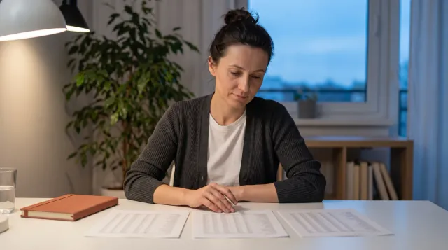 Mujer comparando resultados de análisis de colesterol de varios años extendidos sobre el escritorio