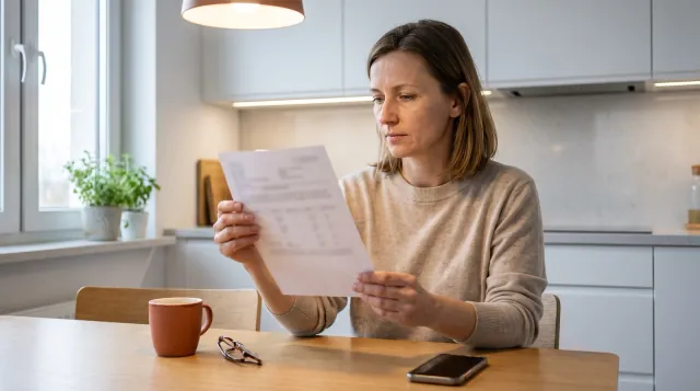 Mujer leyendo en la mesa de la cocina el informe de su perfil lipídico - colesterol después de la menopausia