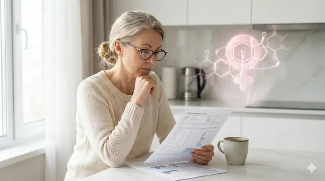 Kobieta w średnim wieku analizująca wyniki badań cholesterolu w kontekście menopauzy i zmian hormonalnych.