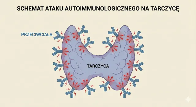 Schemat autoimmunologicznego ataku przeciwciał anty-TPO na komórki tarczycy w przebiegu choroby Hashimoto.