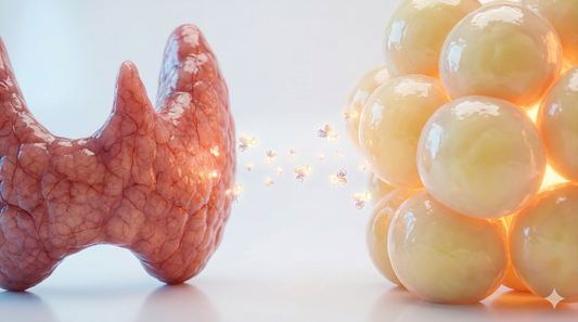 Ilustracja medyczna przedstawiająca tarczycę i komórki tłuszczowe, obrazująca wpływ metabolizmu i leptyny na wagę w przebiegu Hashimoto