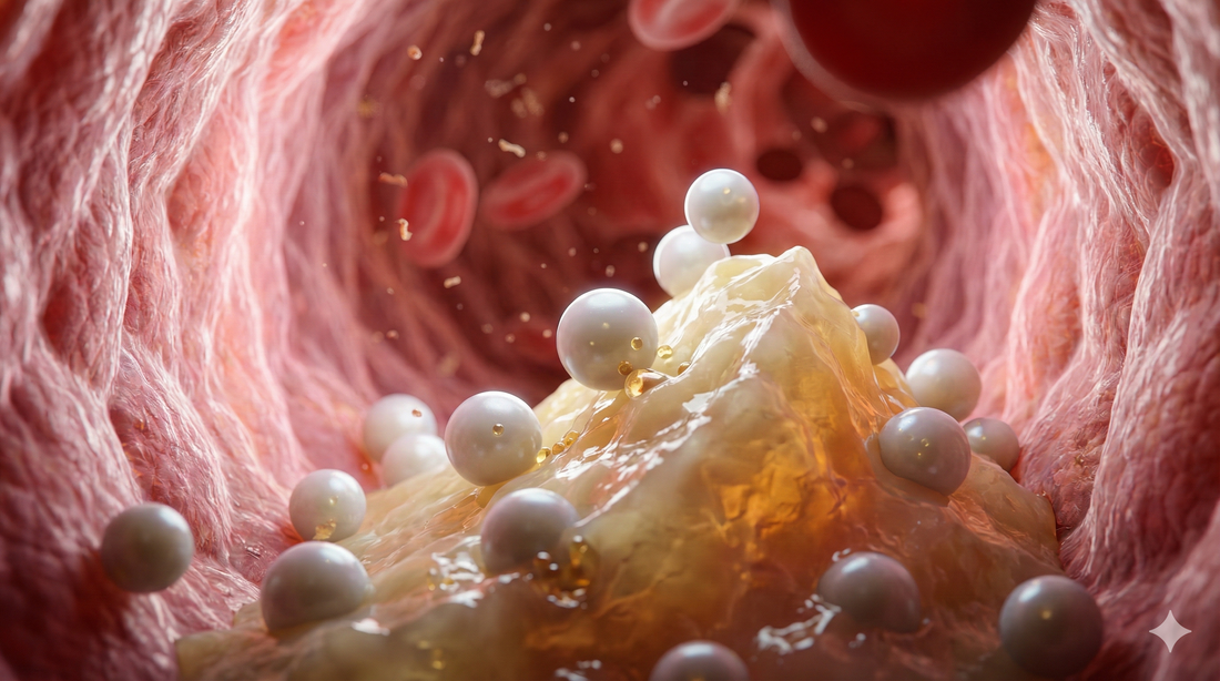 Przekrój tętnicy pokazujący działanie cholesterolu HDL i przepływ krwi.